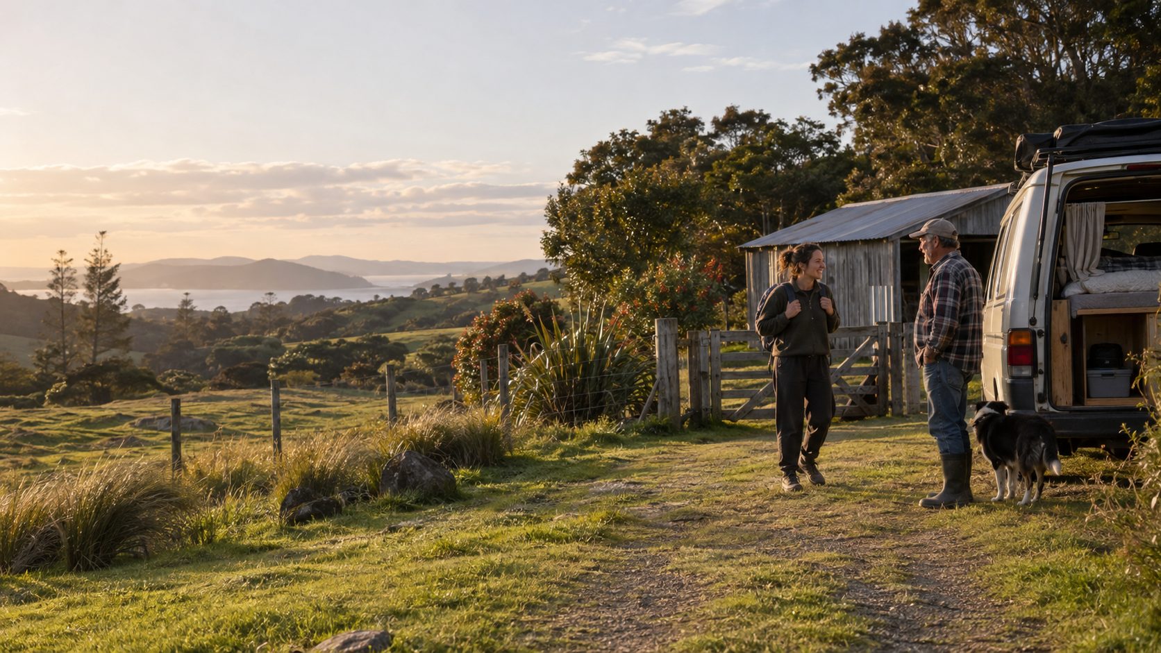 A host and a traveller talking at a farm gate beside a campervan, hills and sea behind them